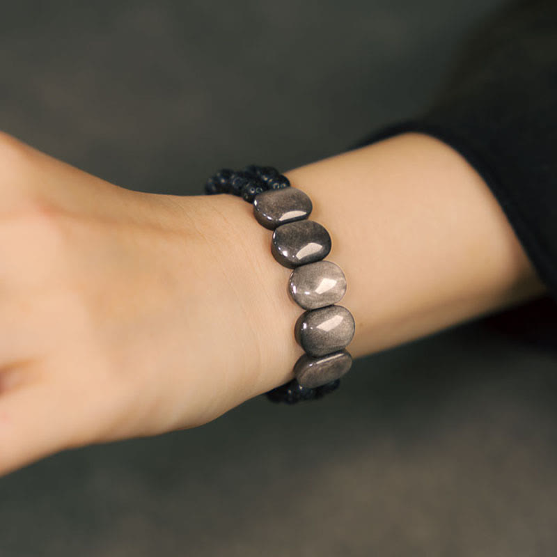 Natural Silver Sheen Obsidian and Volcanic Lava Stone Beaded Bracelet