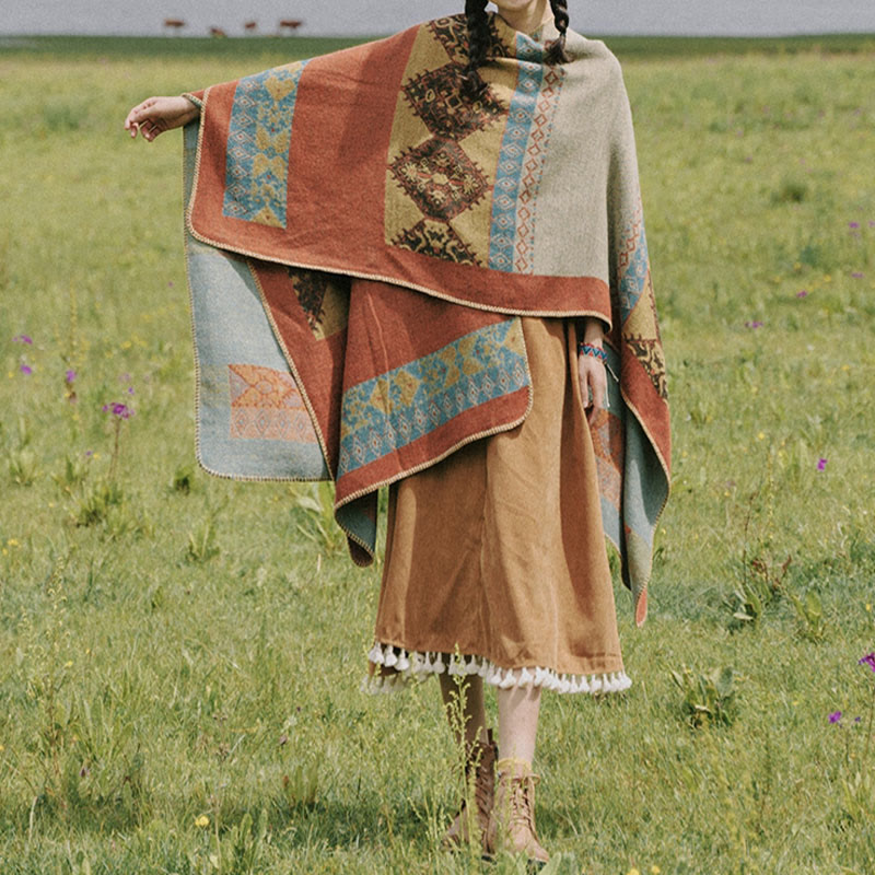 Tibetan Shawl Diamond Pattern Winter Warm Cloak Scarf