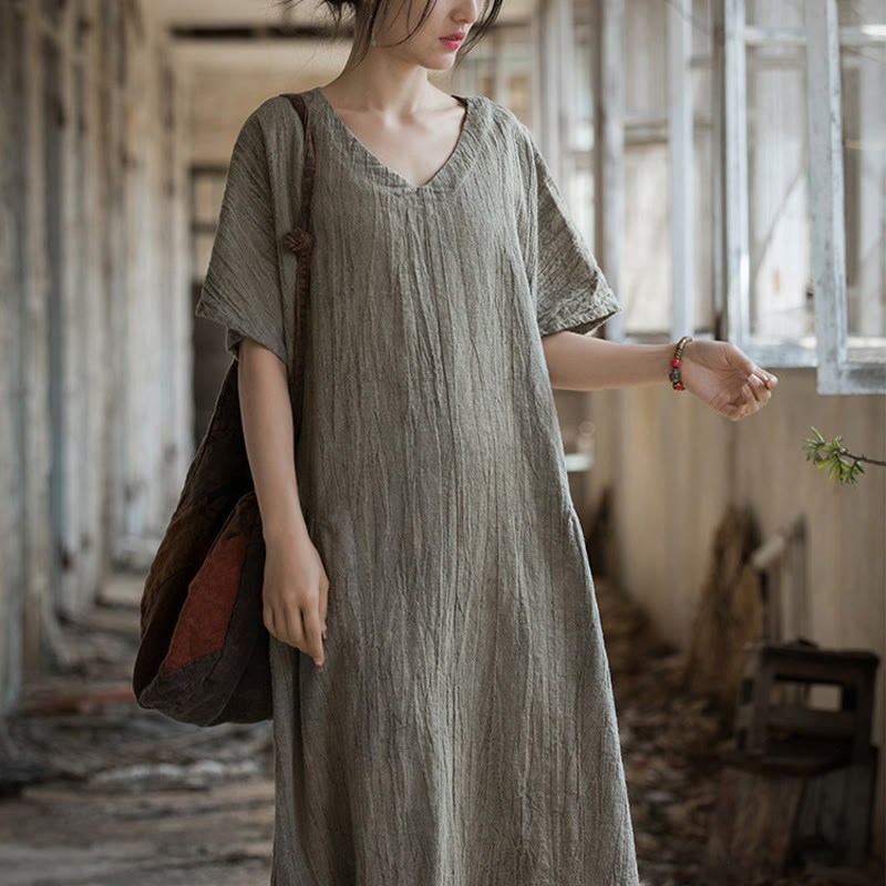 Handmade Tie Dye V-Neck Midi Dress Linen Short Sleeve Dress