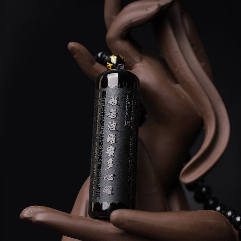 Natural Black Obsidian Heart Sutra Purification Necklace Pendant