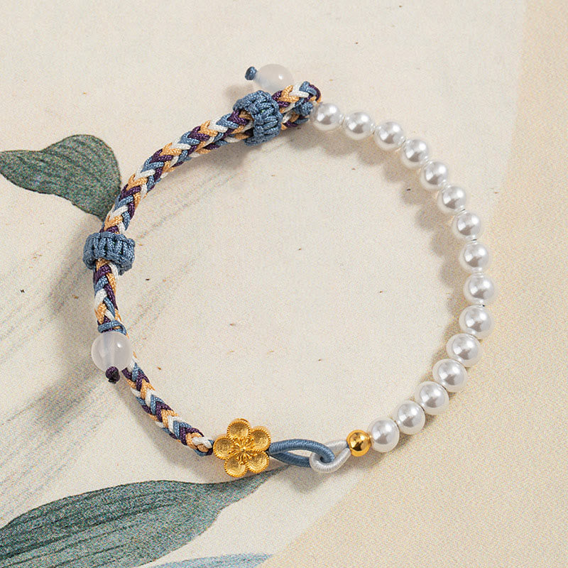 925 Sterling Silver Peach Blossom Pearl Chalcedony Healing Rope Bracelet