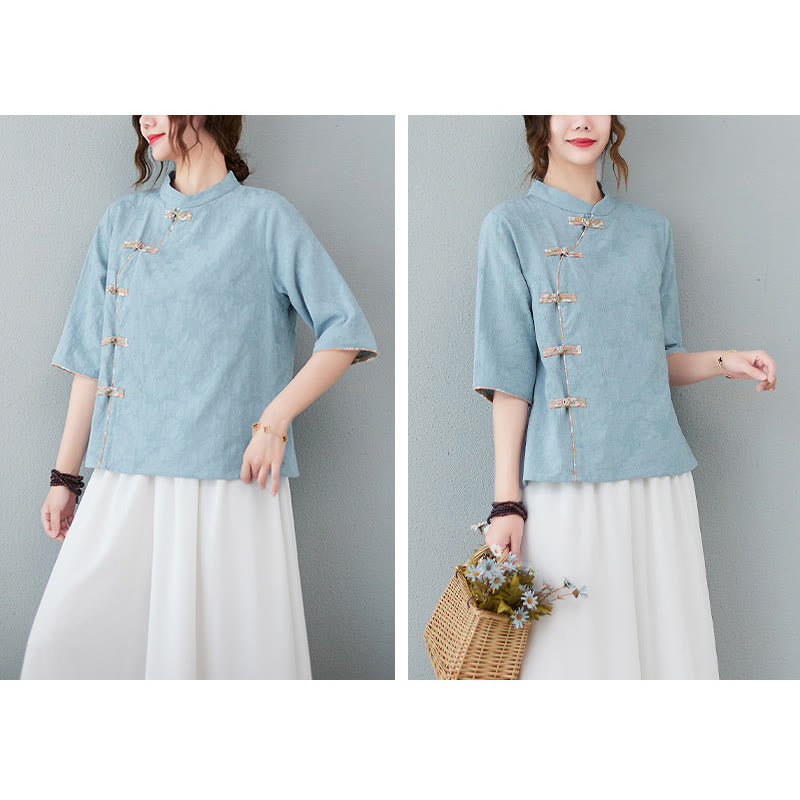 Floral Pattern Frog-Button Half Sleeve Cotton Linen Shirt