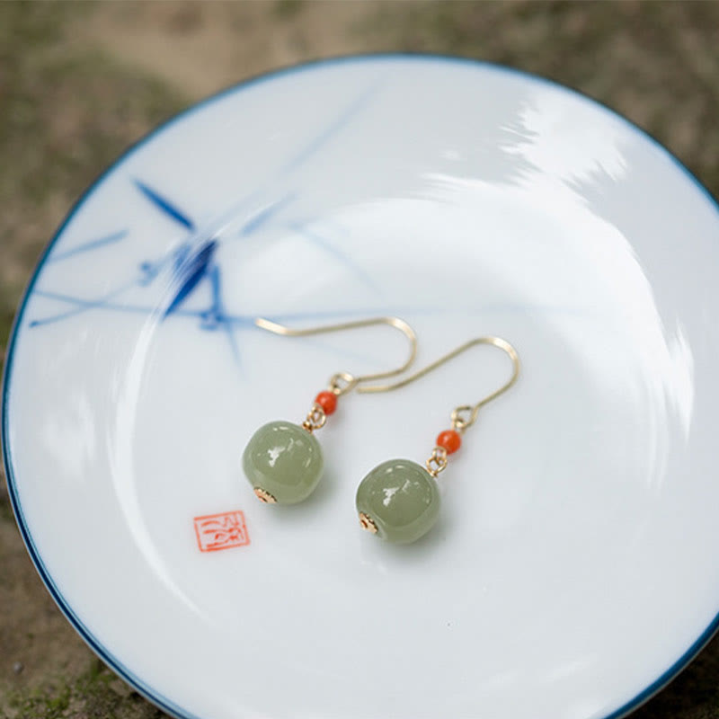 925 Sterling Silver Plated 14k Gold Hetian Jade Red Agate Luck Drop Dangle Earrings