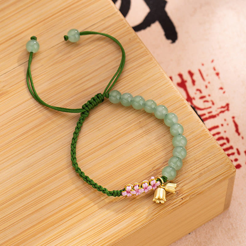 Handmade Jade Bead Lily of the Valley Charm Luck Braided Bracelet