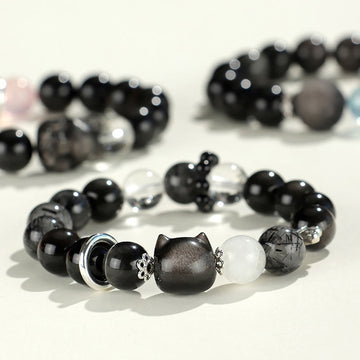 Natural Silver Sheen Obsidian Charm Bracelet with Rose Quartz, Aquamarine, Black & Clear Quartz