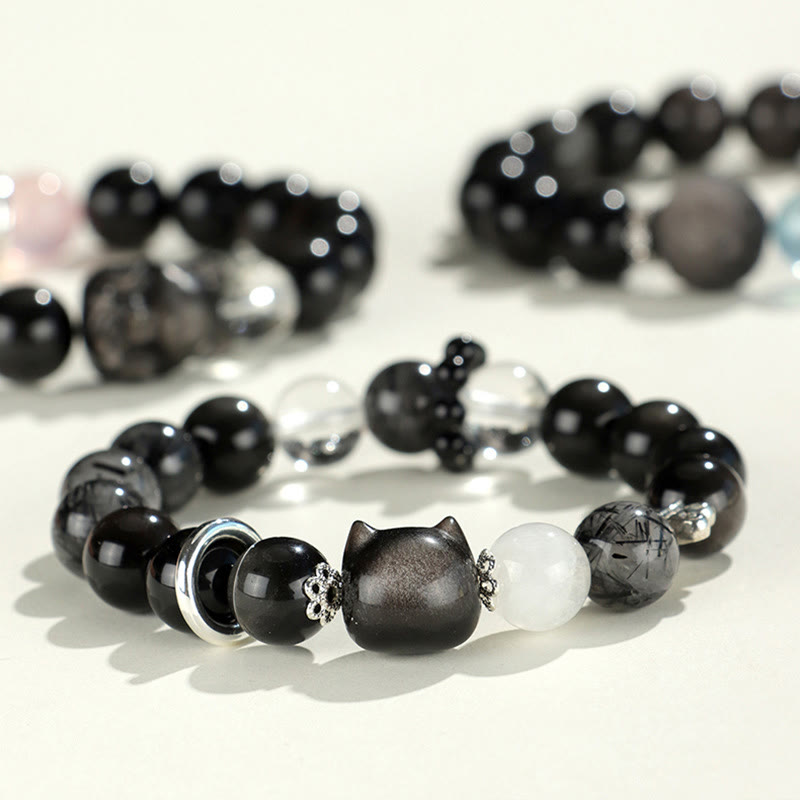 Natural Silver Sheen Obsidian Charm Bracelet with Rose Quartz, Aquamarine, Black & Clear Quartz