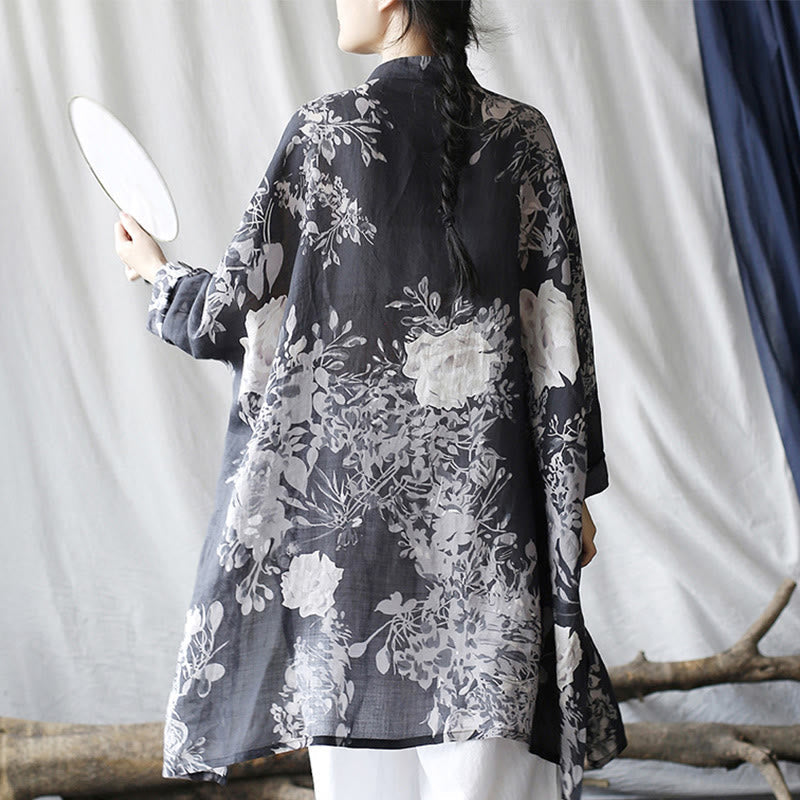 Ramie Linen Floral Stand-Collar Mindful Layering Jacket Shirt