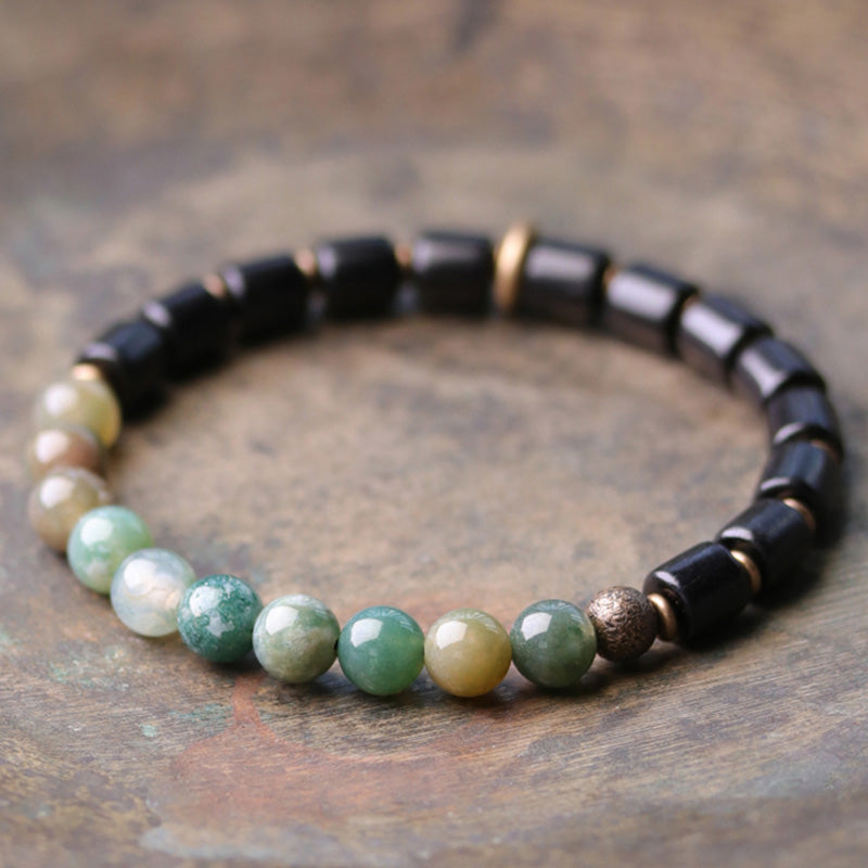 Handmade Ebony Wood & Copper Peace Couple Bracelet with Natural Gemstones
