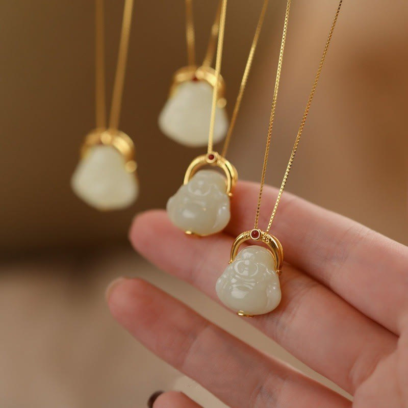925 Sterling Silver Natural Hetian Jade Laughing Buddha Abundance Chain Necklace Pendant