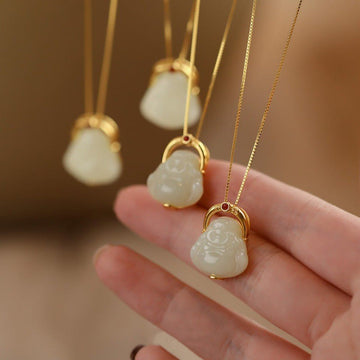 925 Sterling Silver Natural Hetian Jade Laughing Buddha Abundance Chain Necklace Pendant