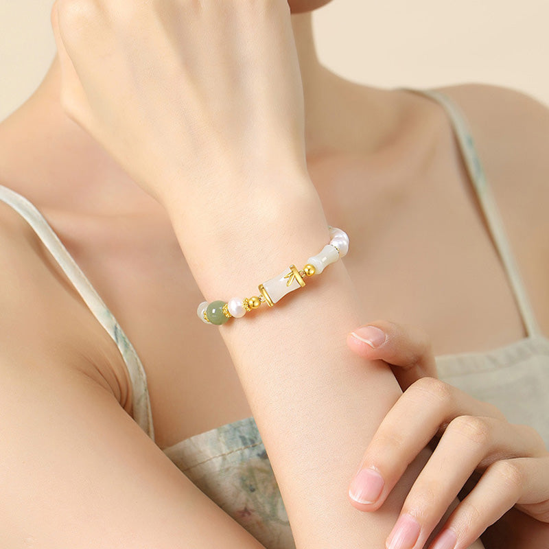 925 Sterling Silver Natural Hetian White Jade Bamboo Luck Blessing Bracelet