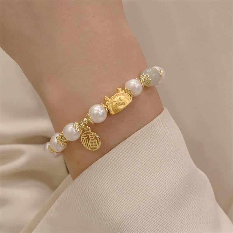 Year Of The Dragon Red Agate Strawberry Quartz Black Obsidian Jade Garnet Pearl Cinnabar Dumpling Dragon Luck Fu Character Bracelet