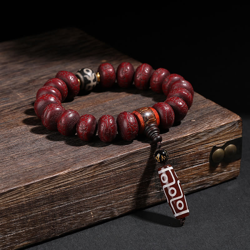 Tibet Bodhi Seed and Agate Dzi Bead Wrist Mala with Guardian Lion