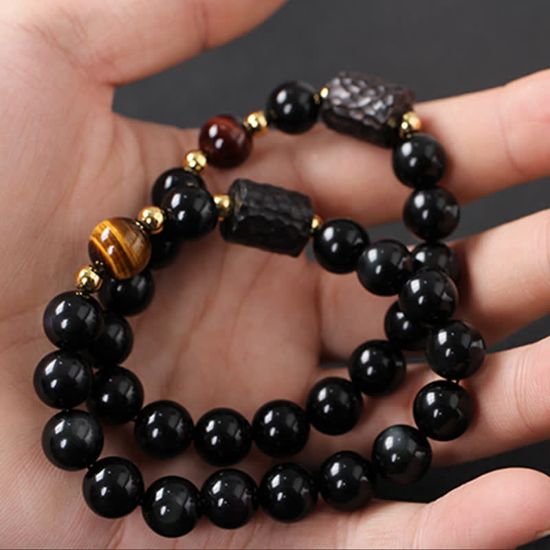 Ebony Wood & Black Obsidian Gold Sterling Silver Tiger Eye Beaded Couple Bracelet