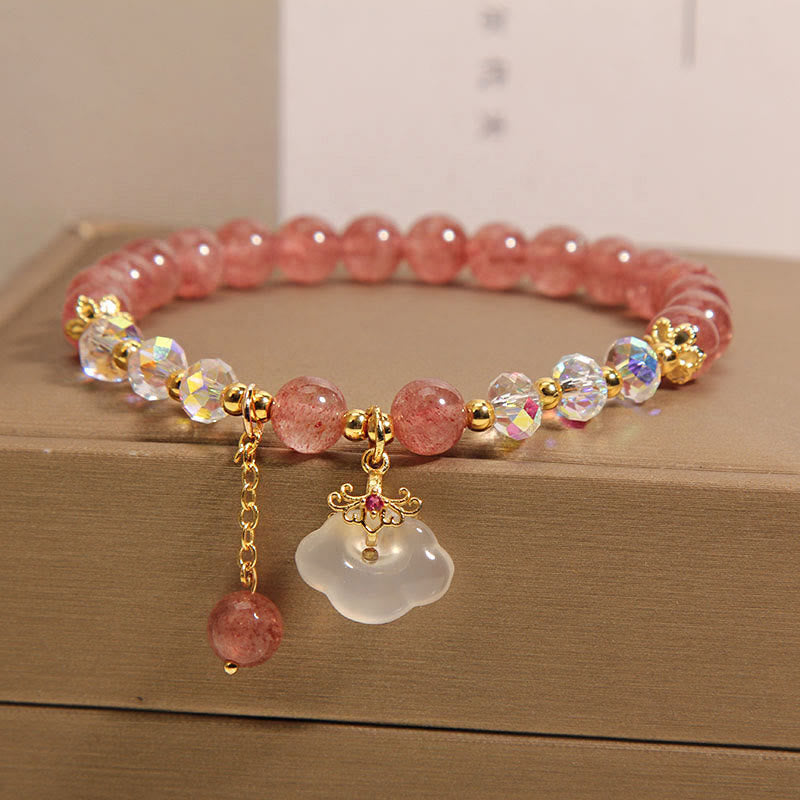 Natural Strawberry Quartz and White Agate Auspicious Cloud Beaded Crystal Bracelet