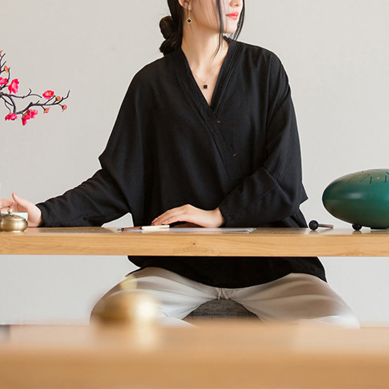 V-Neck Blouse Women Shirt Long Sleeve Top Chinese Hanfu Style Clothing