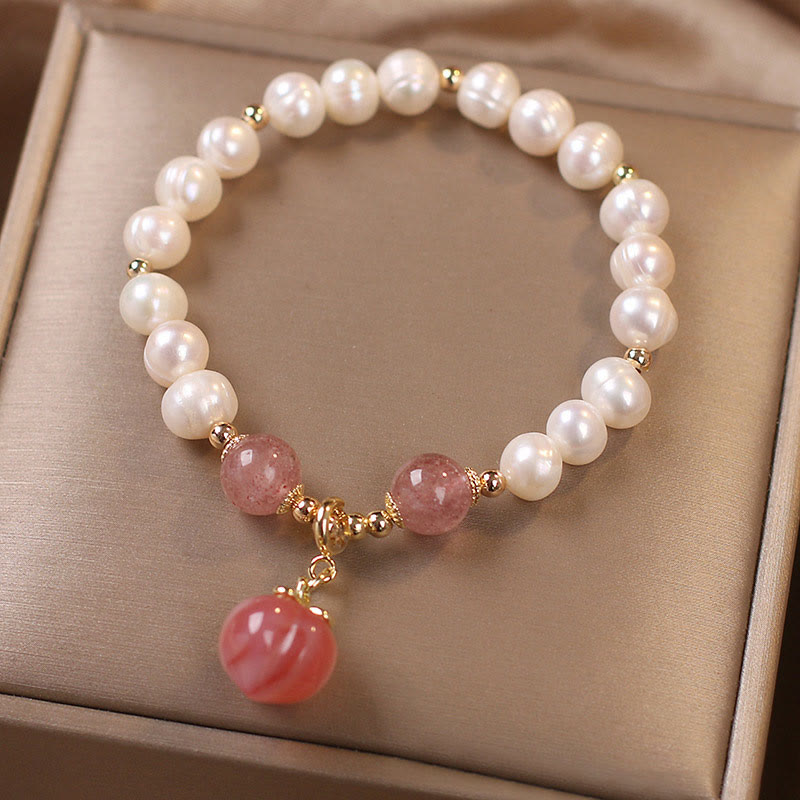 Natural Strawberry Quartz & Pearl Peach Heart Charm Beaded Bracelet