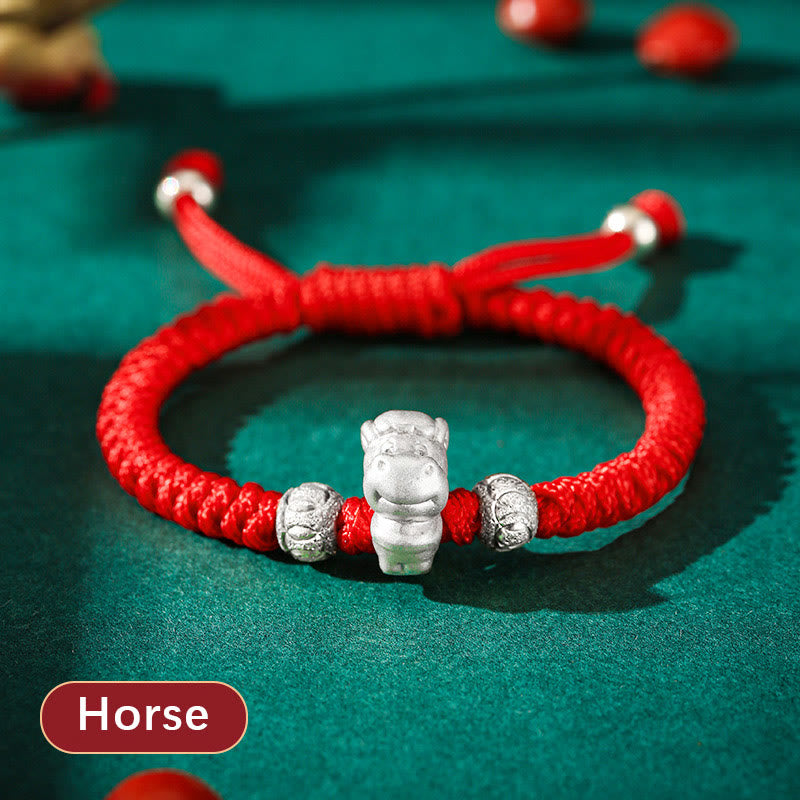 Handcrafted 999 Sterling Silver Chinese Zodiac Vajra Knot Red String Kids Bracelet