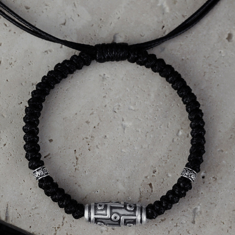 999 Sterling Silver Nine-Eye Dzi Bead Pattern Blessing Rope Bracelet