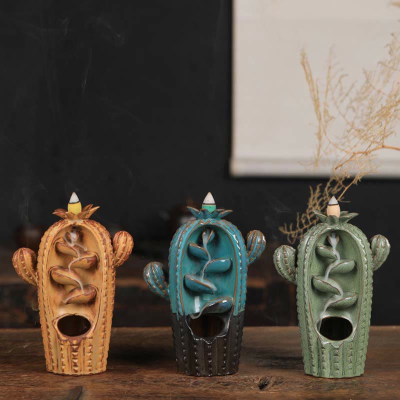 Handmade Cactus Ceramic Backflow Smoke Fountain Incense Burner