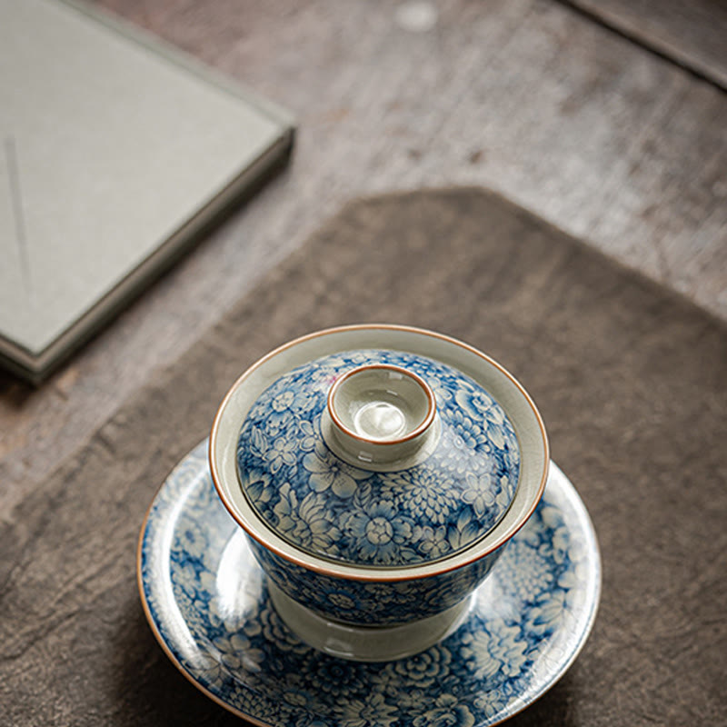 Vintage Blue And White Porcelain Peach Blossom Lotus Peony Ceramic Gaiwan Sancai Teacup Kung Fu Tea Cup And Saucer With Lid