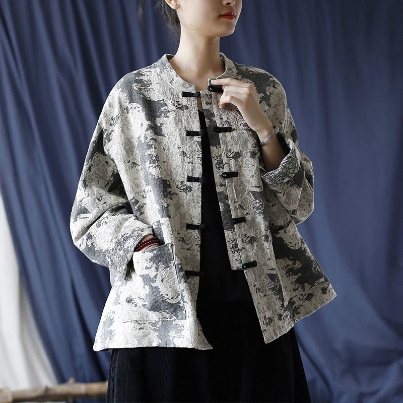 Black Gray Print Frog-button Design Long Sleeve Cotton Linen Jacket Shirt With Pockets