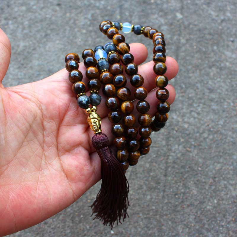 Tibetan Tiger Eye Buddha Strength Power Beaded Tassel Pendant Necklace