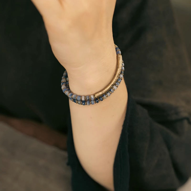 Natural Sodalite and Picture Jasper Beaded Harmony Bracelet with Brass Accents