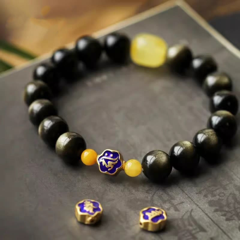 Natural Gold Sheen Obsidian & Amber Bracelet with 925 Sterling Silver and Zodiac Guardian