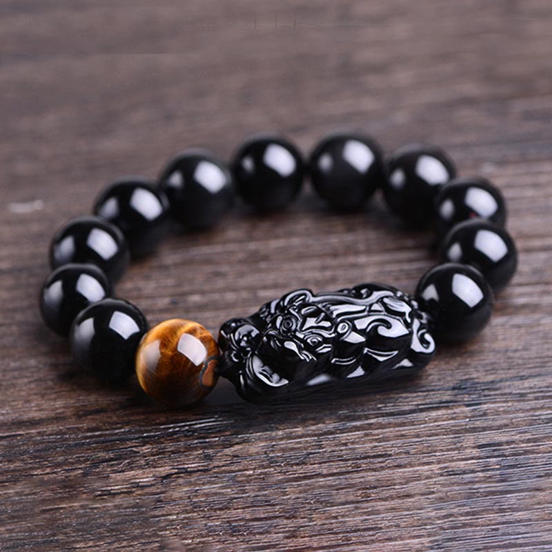 Natural Black Obsidian and Tiger Eye Pixiu Beaded Energy Bracelet