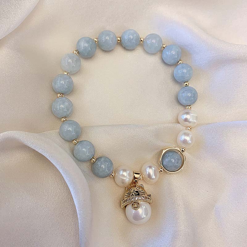 Aquamarine and Pearl Lucky Cat Charm 8mm Beaded Elastic Bracelet