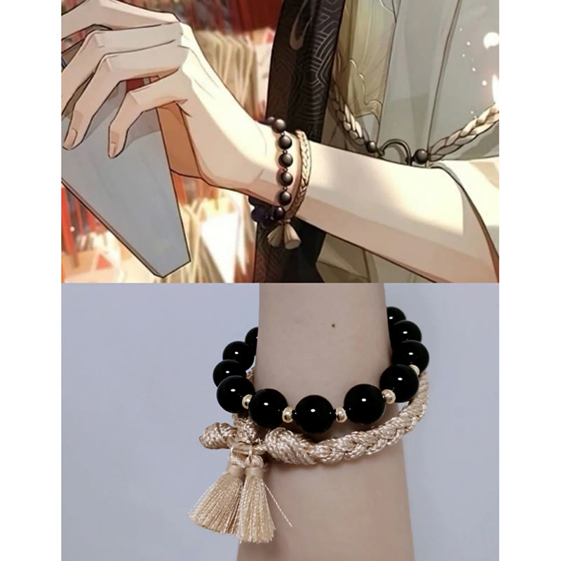 Minimalist Black Onyx Bead Bracelet Set for Grounding - 2 Pieces
