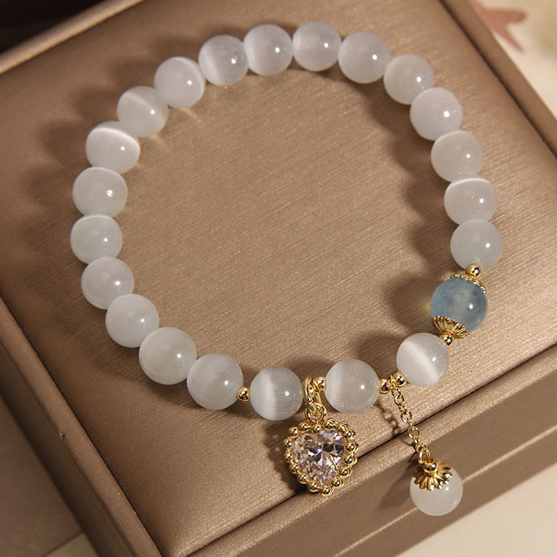 Cat's Eye and Blue Quartz Heart Zircon Charm Beaded Bracelet