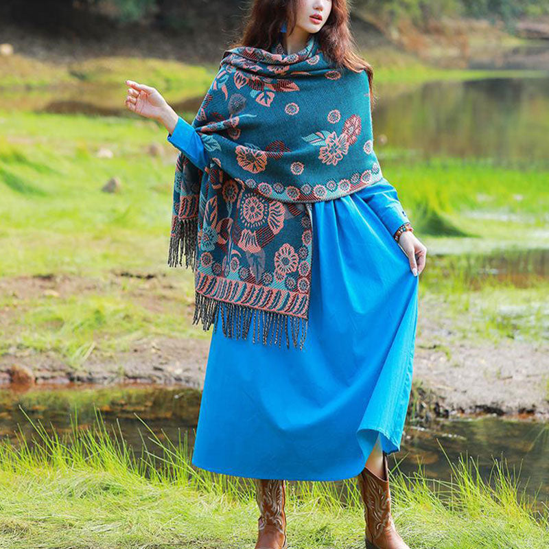 Tibetan Flower Floral Leaves Pattern Design Shawl Cozy Travel Scarf Wrap