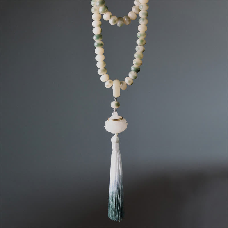 Natural 108 Mala Beads Bodhi Seed Lotus Engraved Wisdom Tassel Bracelet