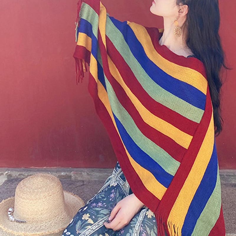 Knitted Striped Tassel Pullover Meditation Shawl Wrap