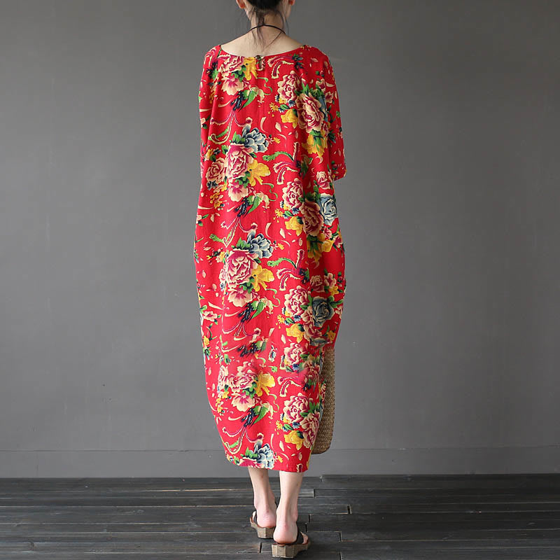 Red Peony Flowers Printed Midi Dress Half Sleeve Cotton Linen Dress