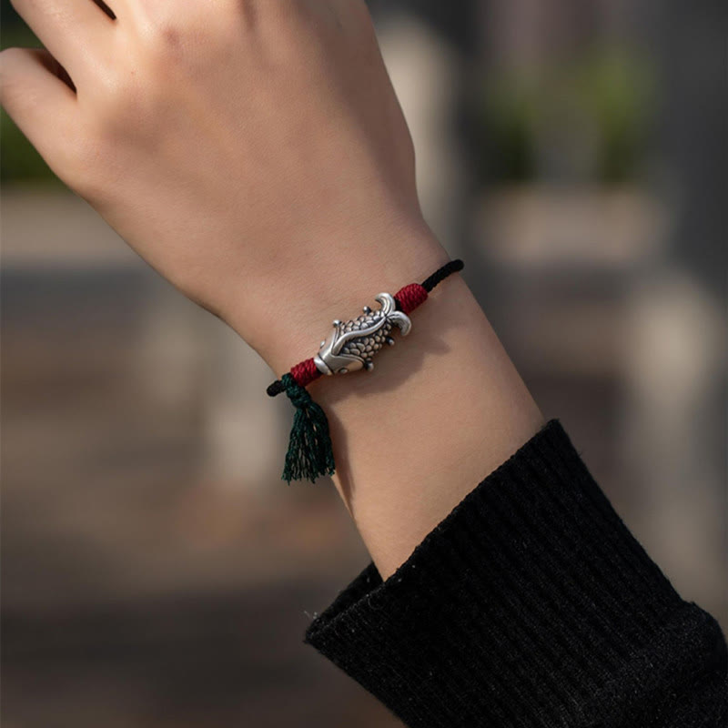 925 Sterling Silver Koi Fish & Yin Yang Braided Cord Bracelet