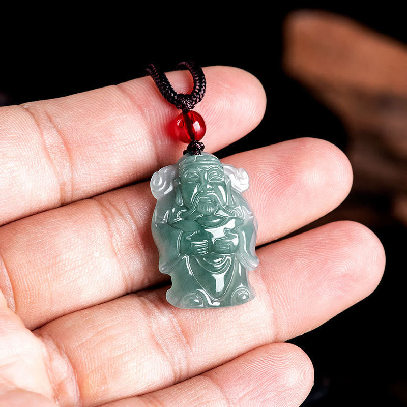 Natural Green Jade Chinese God of Wealth Caishen Ingot Abundance Necklace Pendant