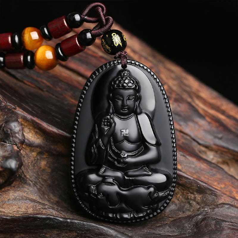 Chinese Zodiac Natal Buddha Natural Black Obsidian Purification Necklace Pendant