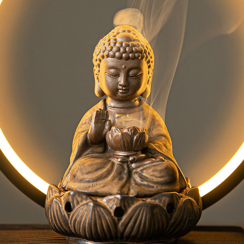 Handcrafted Ceramic Buddha Lotus Backflow Smoke Fountain Incense Burner with Light for Meditation & Yoga