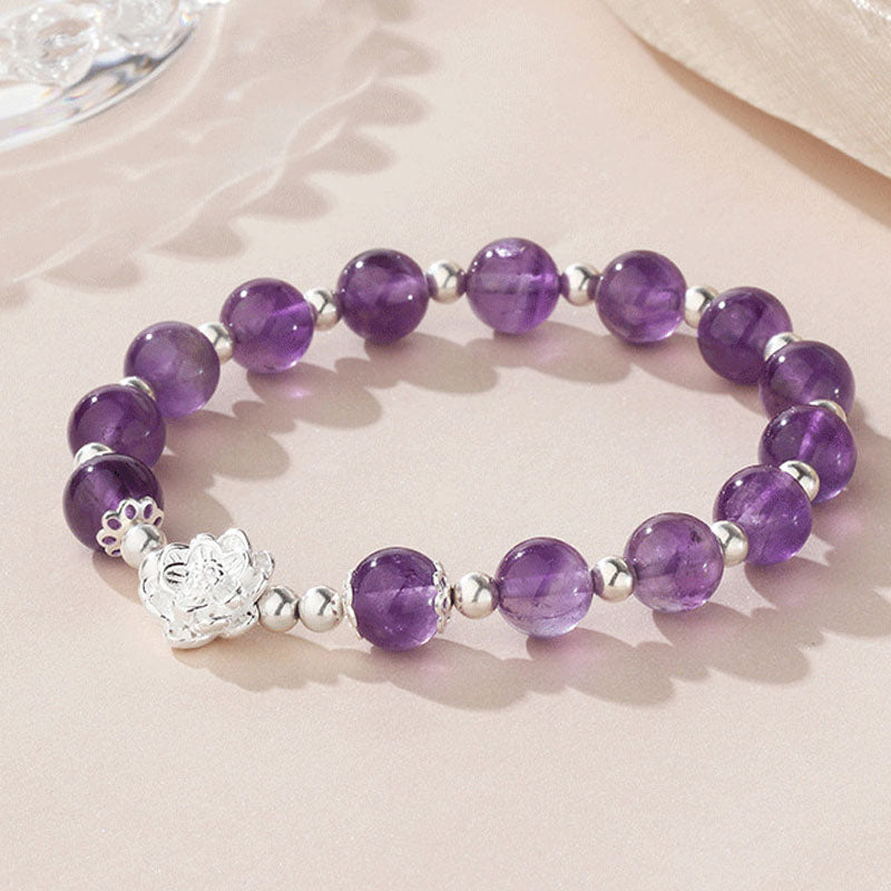 Natural Amethyst & 925 Sterling Silver Lotus Charm Handmade Stretch Bracelet
