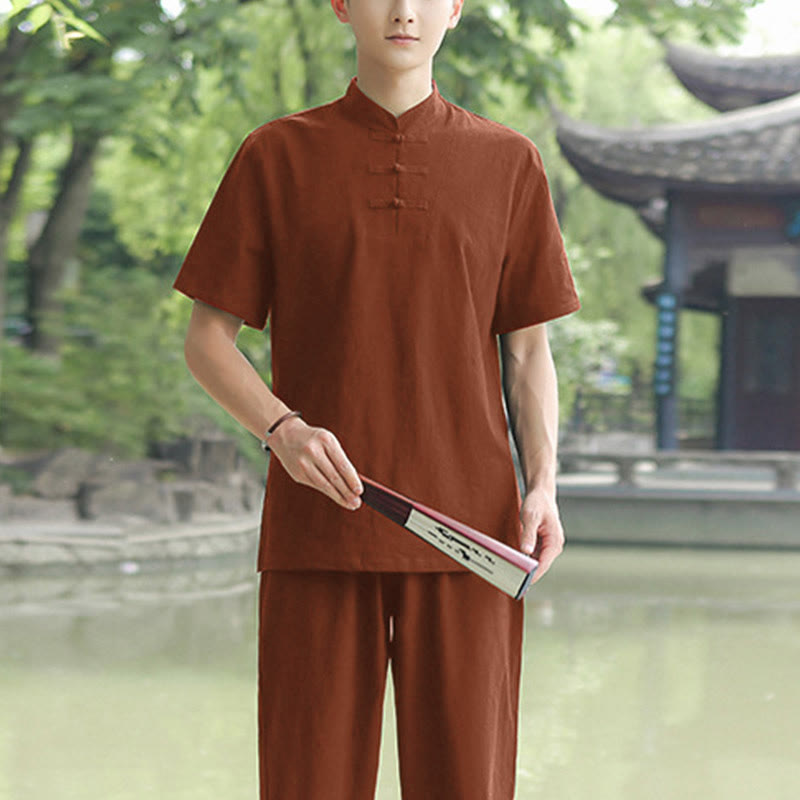 2Pcs Men's Short Sleeve Shirt Top T-Shirt Pants Meditation Zen Tai Chi Cotton Linen Clothing Set