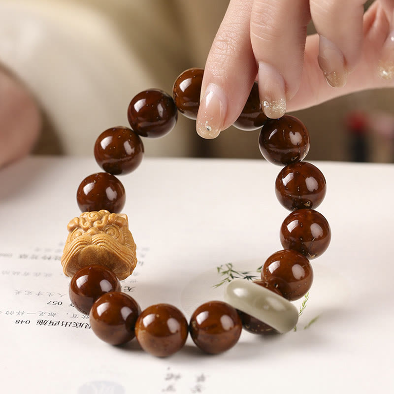 Handcrafted Purple Bodhi Seed Guardian Lion Lotus Beaded Bracelet