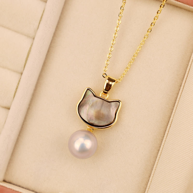 Natural Pearl Copper Cat Healing Necklace Pendant Earrings