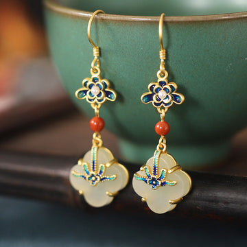 Lucky Four Leaf Clover Jade Abundance Copper Earrings