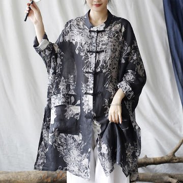 Ramie Linen Floral Stand-Collar Mindful Layering Jacket Shirt