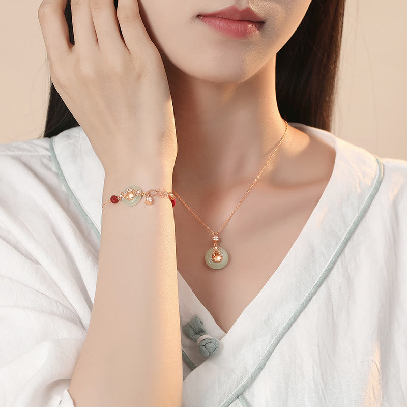 Sterling Silver Natural Hetian Jade Dragon Ping An Kou Zircon Bracelet Necklace