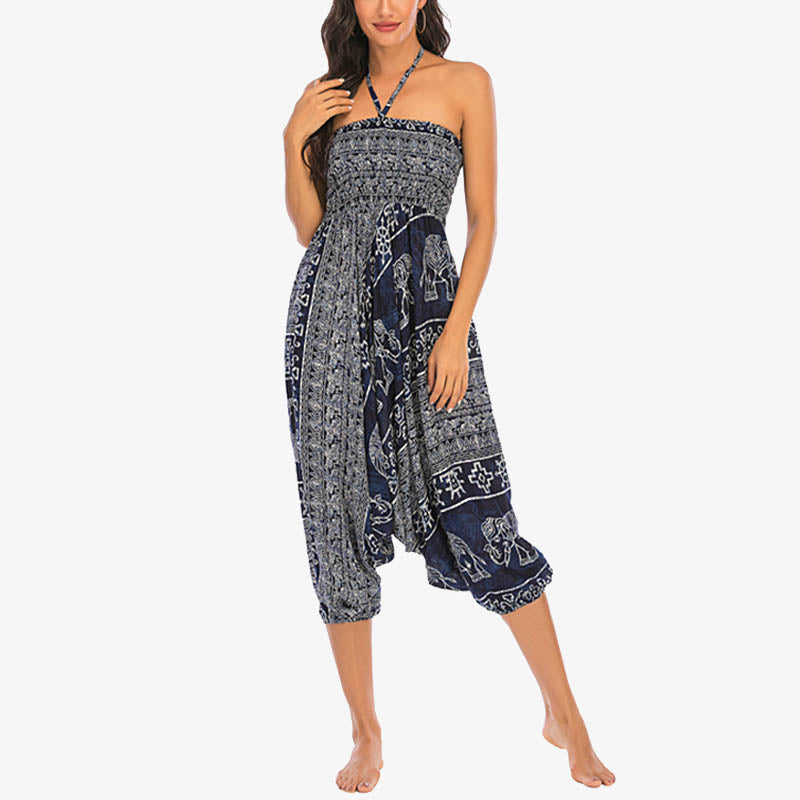 Two Style Wear Elephant Pattern Loose Smocked Harem Trousers Jumpsuit Women's Yoga Pants