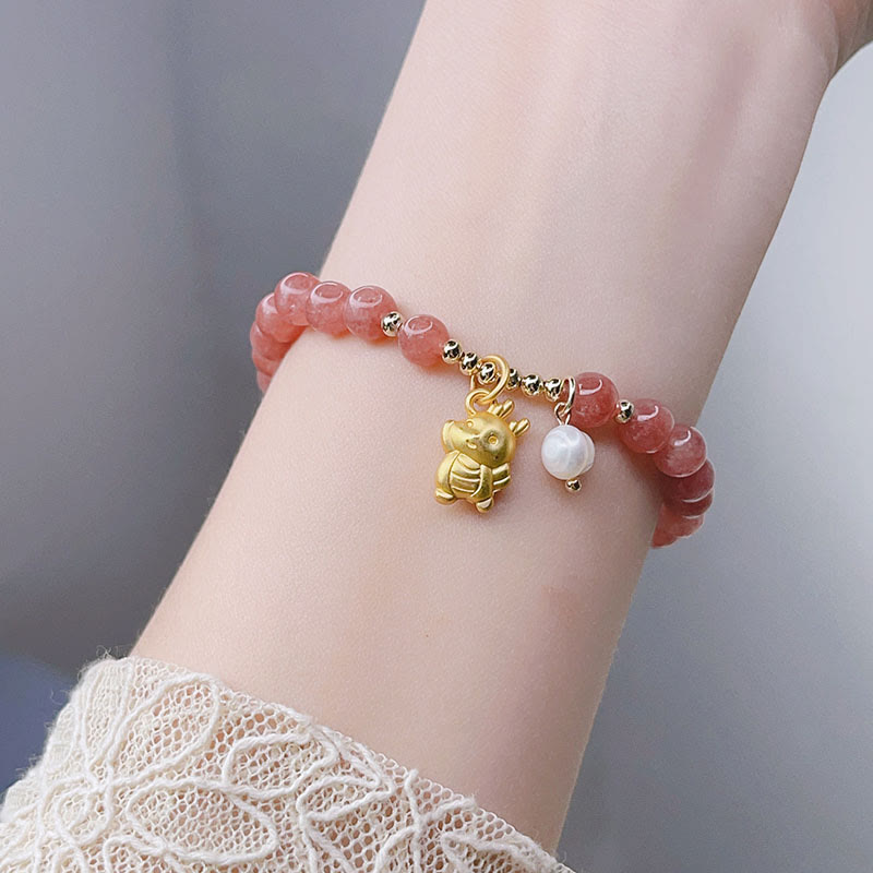Year of the Dragon Strawberry Quartz Dragon Pearl Charm Protection Bracelet